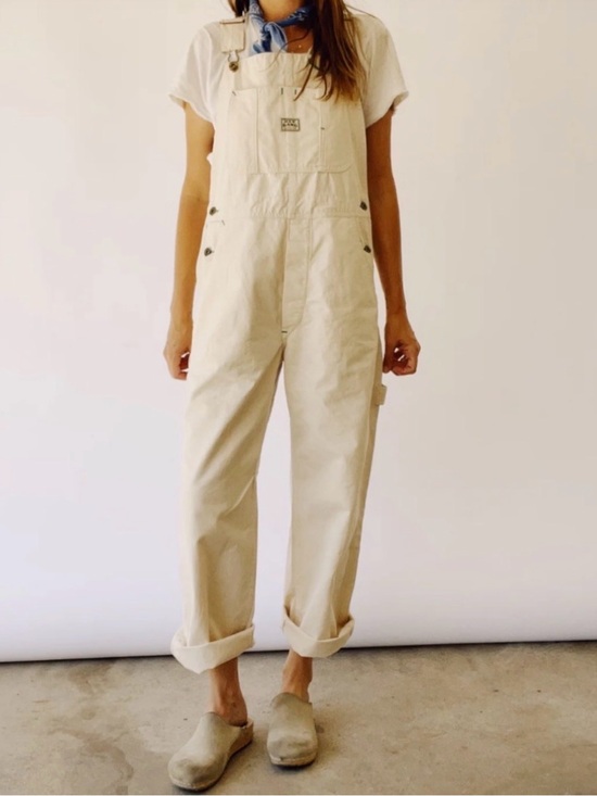 Hey Gang Denim - Hey Gang | Cream Canvas Knee Patch BIB Overalls | Natural Denim | Size 1 - Small